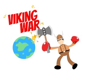 Wall Mural - barbarian viking fight war earth globe cartoon doodle flat design style vector illustration