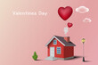 Valentines Day concept background. Red house with hearts smoke on pink background.