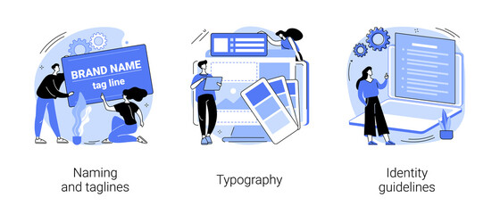 Brand identity abstract concept vector illustration set. Naming and taglines, typography and identity guidelines, product slogan copywriting, web design, frontend development, CSS abstract metaphor.