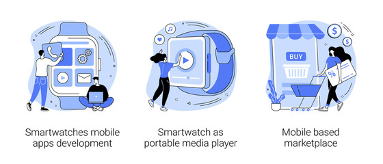 wearable devices abstract concept vector illustration set. smartwatches mobile apps development, por