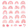 Vector baby rainbow illustration set. Pink hand drawn nursery modern rainbow poster. Cute design for baby shower, kids clothes print, card. Scandinavian minimalist style.