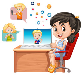 Wall Mural - Children with social media elements on white background