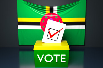 Canvas Print - 3d illustration of a ballot box or ballot box, into which a ballot bill falls from above, with the Dominica national flag in the background. Voting and choice concept