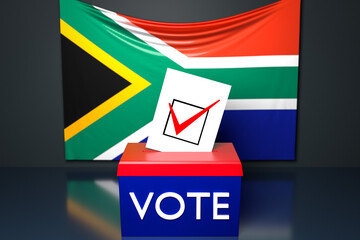 Canvas Print - 3d illustration of a ballot box or ballot box, into which a ballot bill falls from above, with the South African Republic national flag in the background. Voting and choice concept