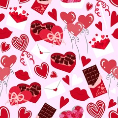 Wall Mural - Seamless vector flat hearts pattern. Valentine's day background. Flat design. Endless chaotic texture of romantic elements. Hearts, balloons, candy, chocolate, lollipop, lips, envelope.