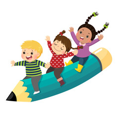 Wall Mural - Vector illustration cartoon of happy three kids riding a flying pencil on white background.