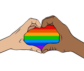 Outline illustration of a pair of human hands in rainbow heart. Greeting card love of same sex pair for valentines day. Pride and freedom in feelings. Lgbt couples. Vector picture for cards, banners