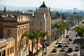 sun shines on the historic downtown district of santa ana, california, usa.