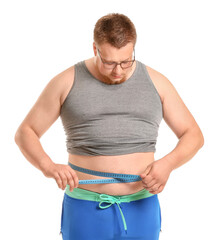 Sticker - Overweight man with measuring tape on white background. Weight loss concept