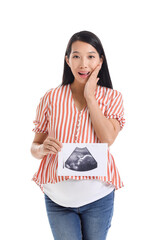 Poster - Pregnant Asian woman with sonogram image on white background