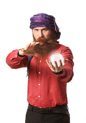 Wall Mural - Male fortune teller with crystal ball on white background