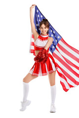 Poster - Beautiful young cheerleader with USA flag on white background