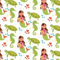 Wall Mural - Sea children pattern mermaid turtle seahorse. Marine and ocean seamless pattern for kids.Vector flat modern graphics