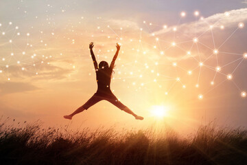 Leinwandbilder - Happy woman with freedom manner in nature sunset and graphical network connection background. Idea for intelligence technology in global network enables people life more smarter and comfortable.