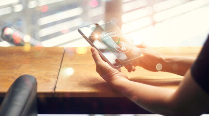 Fototapete - Woman using mobile smart phone on virtual screen, online payment, banking and online shopping.
