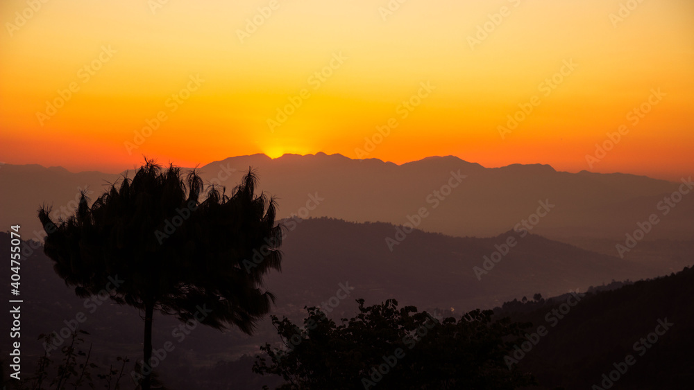 Silhouette Trees On Mountain Against Romantic Sky At Sunset - obrazy, fototapety, plakaty 