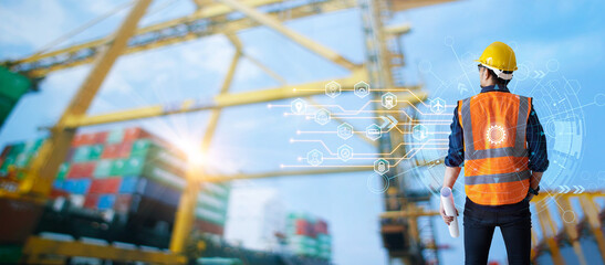 Aufkleber - Engineer and foreman control loading container from cargo freight ship to truck and icon logistic global network distribution and import export business. Business logistic and import export concept