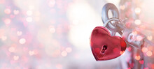 Valentines Day Wedding Love Birthday Background Banner Panorama Greeting Card Template - Red Heart Love Padlocks With Bright Heart Bokeh Lights