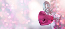 Valentines Day Wedding Love Birthday Background Banner Panorama Greeting Card Template - Pink Heart Love Padlocks With Bright Heart Bokeh Lights