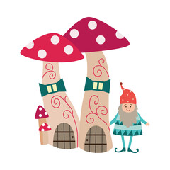 Wall Mural - Cute fairy tale gnome near his house in form of two mushrooms fly agarics.