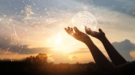 Leinwandbilder - Abstract hands holding brain with network connections, innovative technology in science and communication concept.