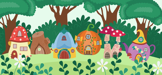  Cartoon gnome house village banner - cute fantasy forest buildings