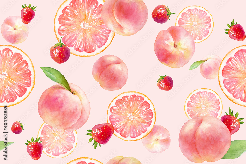 ピンク色のジューシーなフルーツのシームレスパターン 水彩イラスト モモ イチゴ グレープフルーツ Wall Mural Keiko Takamatsu