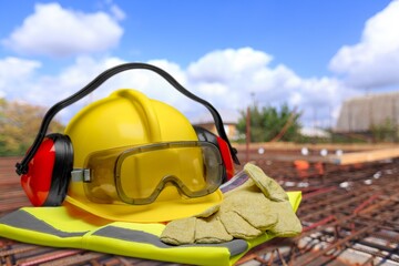 Safety helmet with earphones and goggles on background