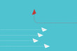 © madedee - Think differently. Red airplane changing direction. New idea, change, trend, courage, creative solution, innovation and unique way concept.