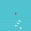 © madedee - Think differently. Red airplane changing direction. New idea, change, trend, courage, creative solution, innovation and unique way concept.