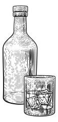 Poster - A drink cocktail in a glass with ice accompanied by a bottle in a vintage woodcut engraved or etched style