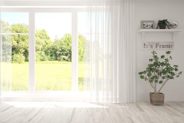 White empty room with summer landscape in window. Scandinavian interior design. 3D illustration