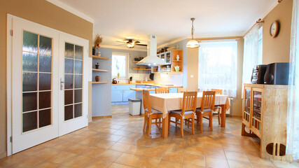 Kitchen interior in family house. Residential architecture on Bohemian countryside. Housing for the middle class.