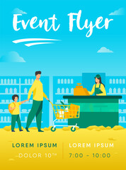 Wall Mural - father and son buying food in supermarket. cashier, trolley, store flat vector illustration. shoppin