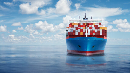 Wall Mural - Front view from bow of a large blue shipping container ship in the ocean.