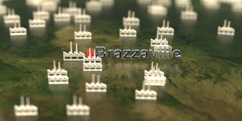 Wall Mural - Factory icons near Brazzaville city on the map, industrial production related 3D rendering