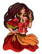 Beautiful gypsy belly dancer girl wears ethnic costume, smiles and holds strand of hair.  Hand drawn vector illustration for custom design and print.
