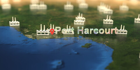 Wall Mural - Port harcourt city and factory icons on the map, industrial production related 3D rendering