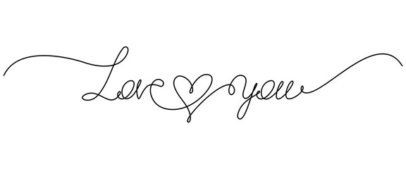 Wall Mural - Love You handwritten lettering. Continuous line drawing text design. Vector illustration