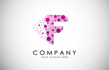 F Letter Logo with Dispersion Effect and Dots, Bubbles, Circles. F Dotted letter in purple gradient vector illustration.
