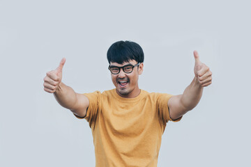 dult asian man.young male person wear eye glasses.posing smiling laughing look excited surprised thinking positive happy.empty,copy space for text advertising.white background.attractive fashion