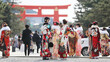 © tokyo studio - Japanese young girls wearing mask in Kimono (furisode)