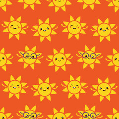 Wall Mural - Cute and happy sun characters vector seamless pattern background for summer design.
