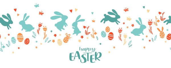 Wall Mural - Lovely hand drawn Easter design with bunnies, flowers and Easter Eggs, cute doodles background, great for cards, invitations, banners, wallpapers - vector design