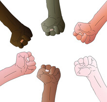 Vector Illustration With Human Fists Of Colors Of Different Ethnicity. Stop Racism, All Lives Matter