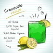 Crocodile cocktail, vector sketch hand drawn illustration, fresh summer alcoholic drink with recipe and fruits	
