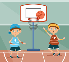 Two young children playing basketball as one boy shoots for goal above the head of the defender, colored cartoon vector illustration