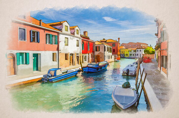 Wall Mural - Watercolor drawing of Murano islands with water canal, boats and motor boats, colorful traditional buildings, Venetian Lagoon, Italy