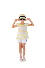 Asian little child girl wearing sunglasses and straw hat over white background isolated with clipping path. Summer and fashion concept