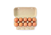 Chicken Brown Eggs In Carton Box Isolated On White Background With Clipping Path. Top View